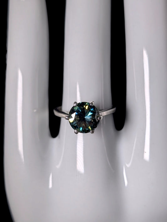 Vintage Round Cut Genuine Teal Moissanite Solitaire Sterling Silver Ring