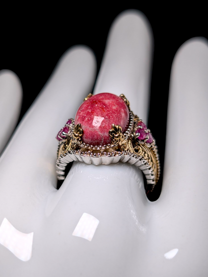 Vintage Earth Mined Genuine Thulite and Ruby Accent Stones 14k Yellow Gold Filigree and Sterling Silver Ring