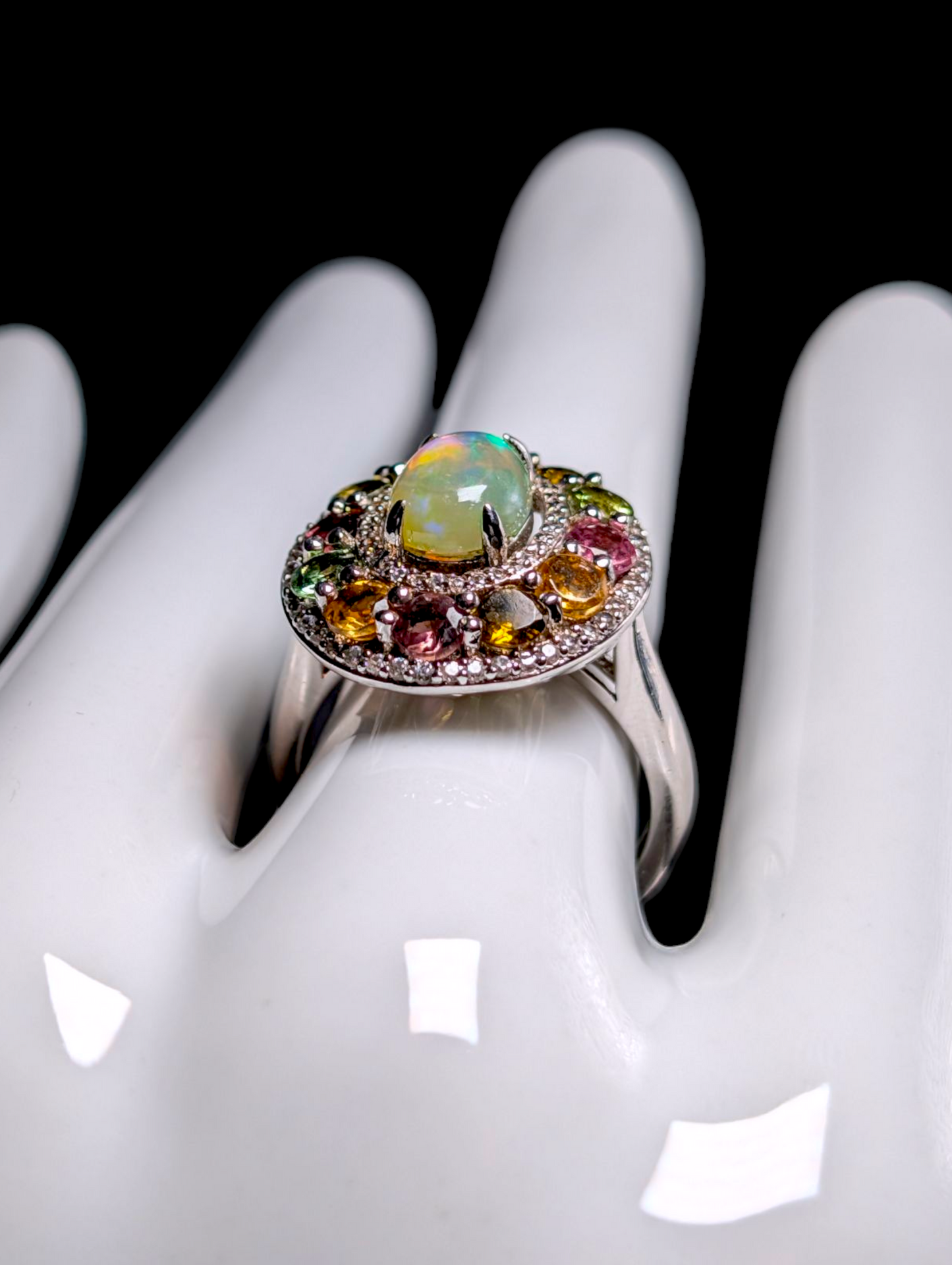 Vintage Designer Carol Brodie Genuine Ethiopian Fire Opal and Rainbow Tourmaline Halo Sterling Silver Cocktail Statement Ring