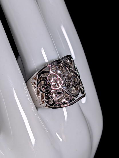 Vintage Unique Pop Out Heart Filigree over Hammered Sterling Silver Statement Ring