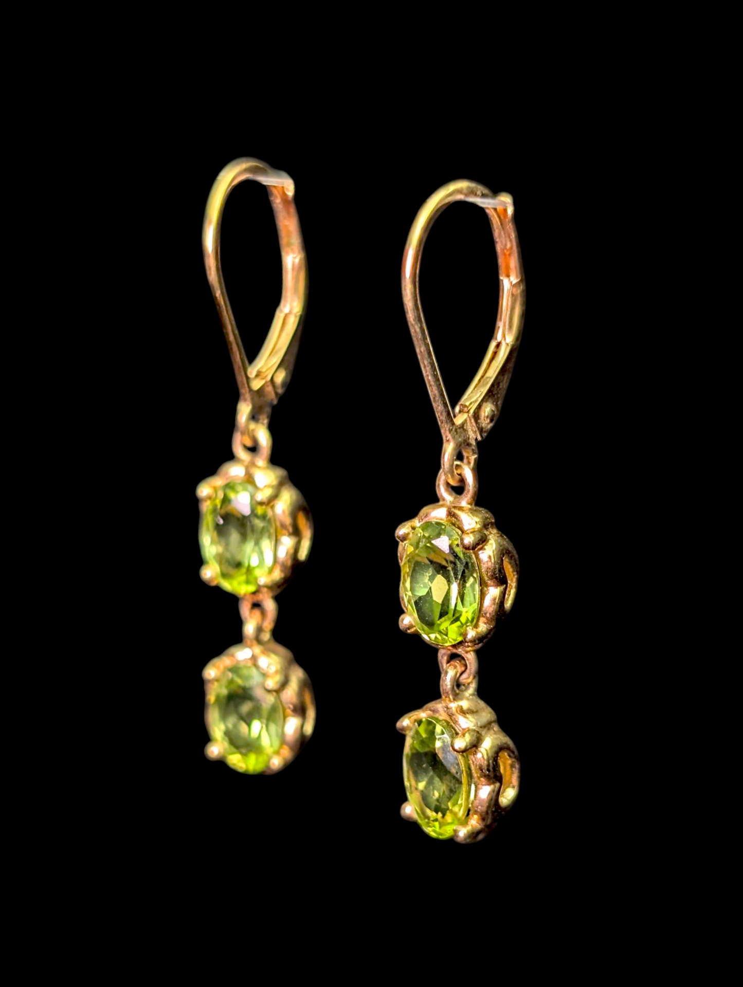 Vintage Oval Cut Genuine Peridot 18k Gold Vermeil Dangle Leverback Earrings