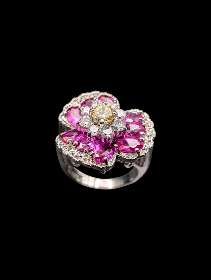 Vintage Pink Sapphire and Simulated Diamond 18k White Gold HGE Sterling Silver Ring