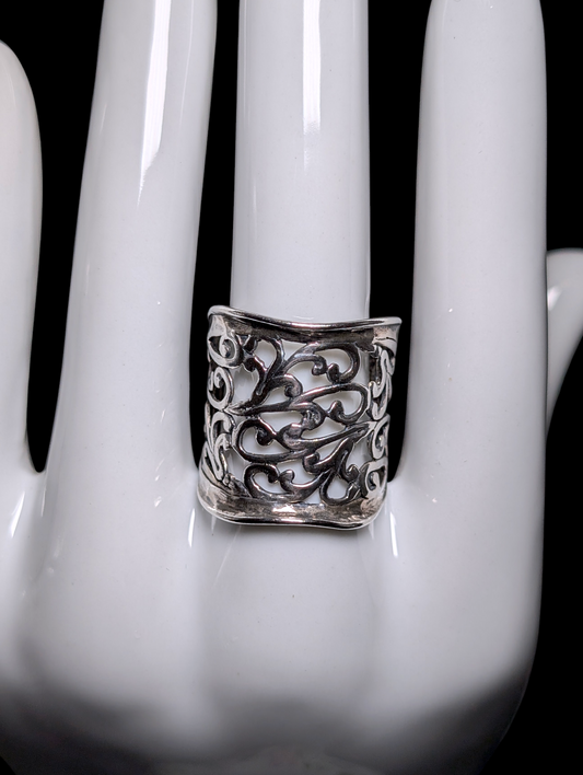 Vintage Israel Designer Shield Cuff Filigree Cut Out Sterling Silver Statement Ring