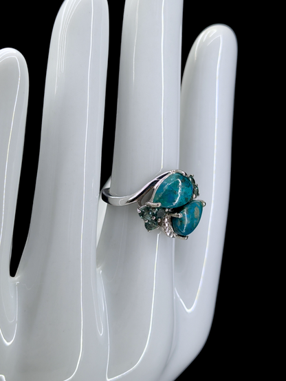 Vintage Genuine Kingsman Turquoise Double Pear Cut with Blue Green Tourmaline Accents Sterling Silver Ring