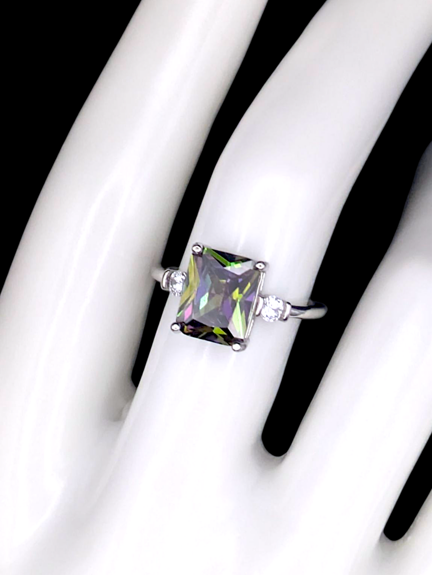 Vintage Inspired Emerald Cut Simulated Mystic Topaz Solitaire Sterling Silver Ring