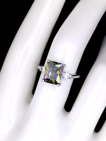 Vintage Inspired Emerald Cut Simulated Mystic Topaz Solitaire Sterling Silver Ring