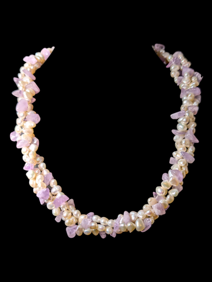 Vintage Multi Strand Genuine Freshwater Pearl and Amethyst Necklace