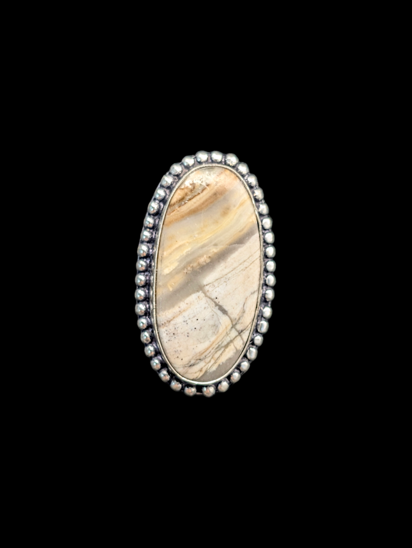 Vintage Unique Oval Banded Agate Gemstone in Tan, Cream and White Artisan Boho Silver Ring