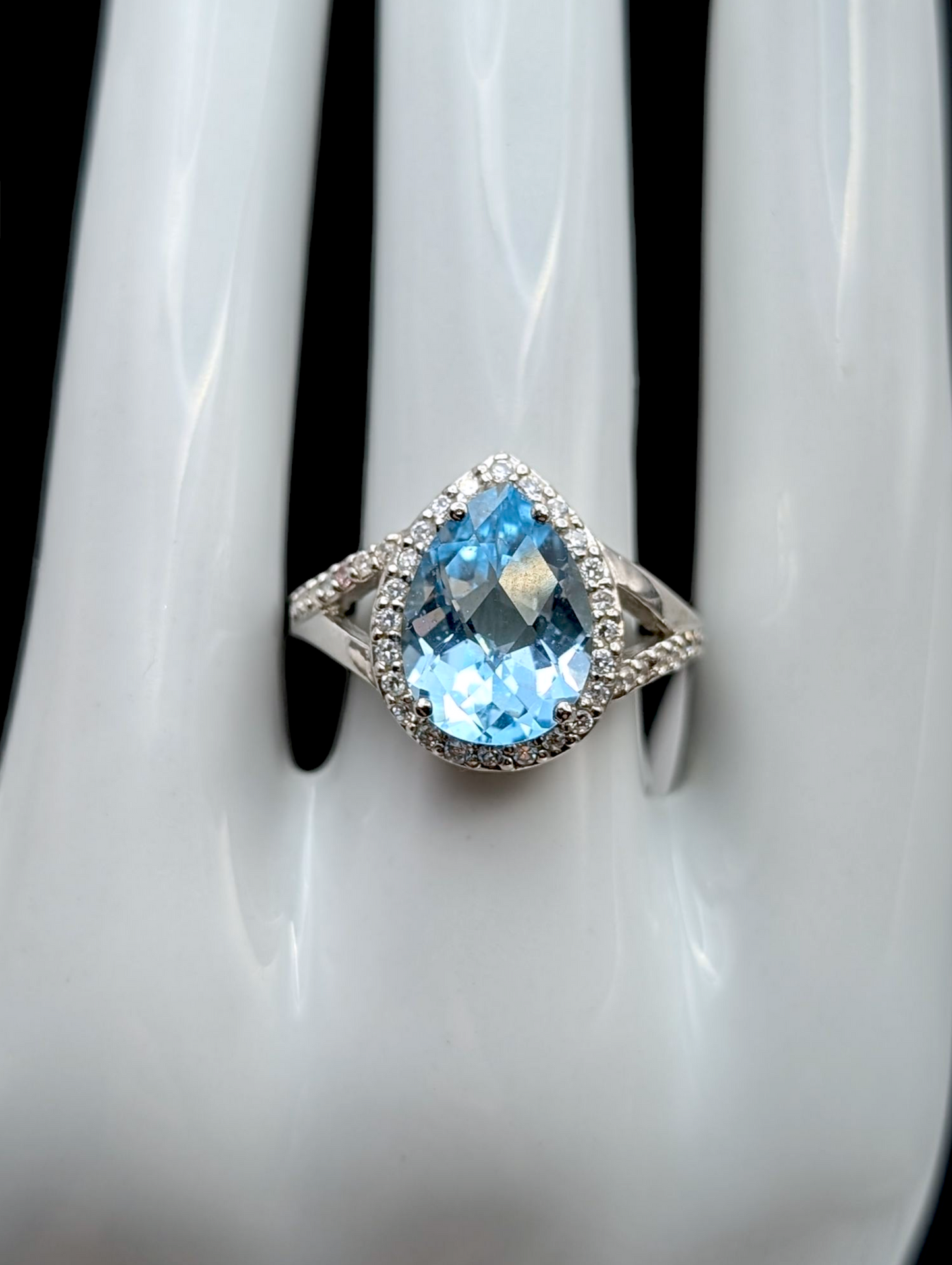 Vintage Large 4+ Carat Pear Cut Genuine Swiss Blue Topaz and Simulated Diamond Sterling Silver Ring