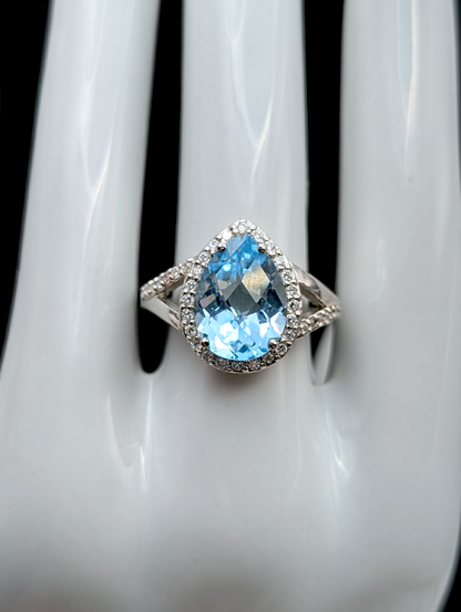 Vintage Large 4+ Carat Pear Cut Genuine Swiss Blue Topaz and Simulated Diamond Sterling Silver Ring