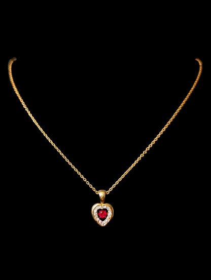 Vintage Genuine Ruby and White Topaz Halo Heart Pendant 14K Yellow Gold over Sterling Silver Link Chain Necklace