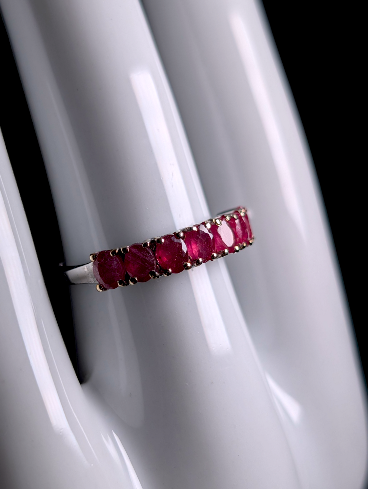 Vintage Half Eternity Oval Cut Earth Mined Genuine Ruby Sterling Silver Band Ring