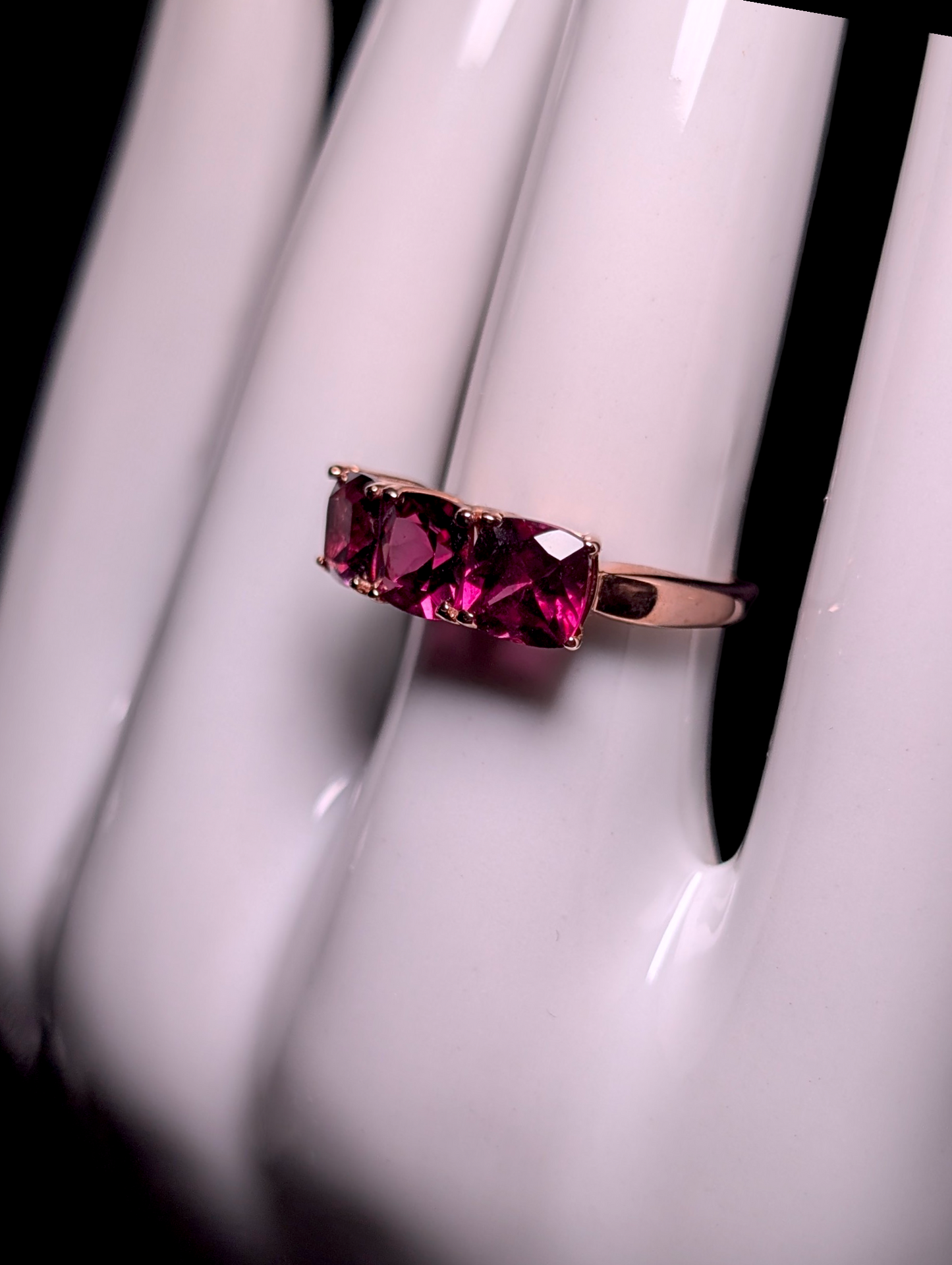 Vintage Cushion Cut Three Stone Genuine Pink Tourmaline 10k Solid Rose Gold Ring