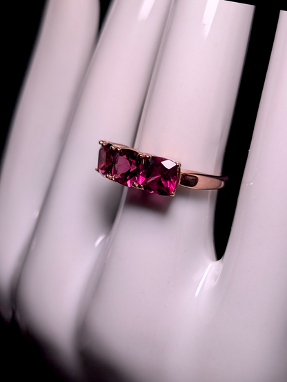 Vintage Cushion Cut Three Stone Genuine Pink Tourmaline 10k Solid Rose Gold Ring