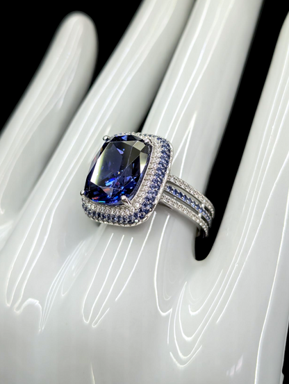 Vintage Large 6.8 Carat Triple Halo Genuine Tanzanite Solitaire and Simulated Diamonds Rhodium over Sterling Silver Split Shank Ring