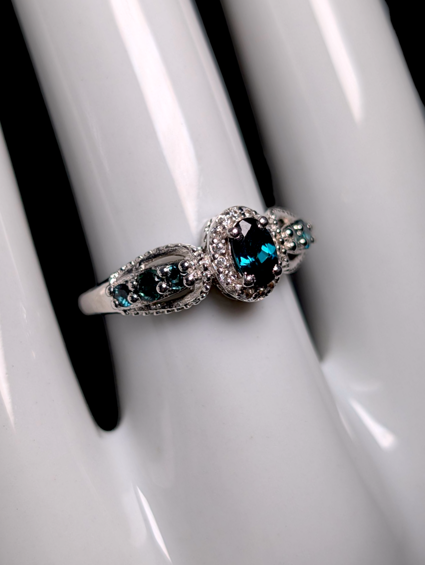 Vintage Dainty Oval Cut Genuine Blue Indicolite Tourmaline Solitaire with White Topaz Halo Sterling Silver Ring