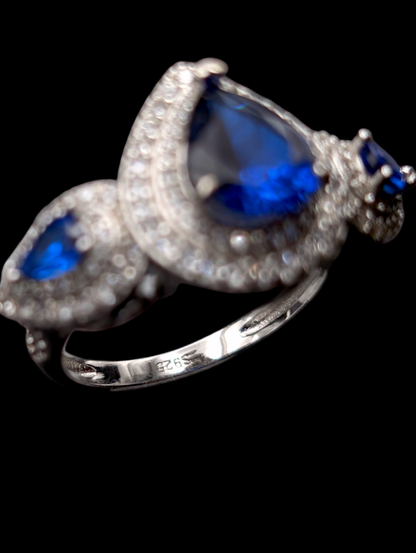 Vintage Inspired Cornflower Blue Pear Cut Genuine Spinel and Diamond Double Halo Sterling Silver Ring