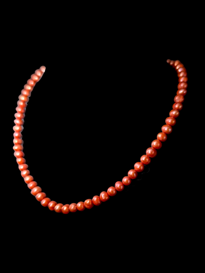 Vintage Genuine Cinnamon Orange Cultured Freshwater Pearl Oval Shaped Ringed Sterling Silver Necklace