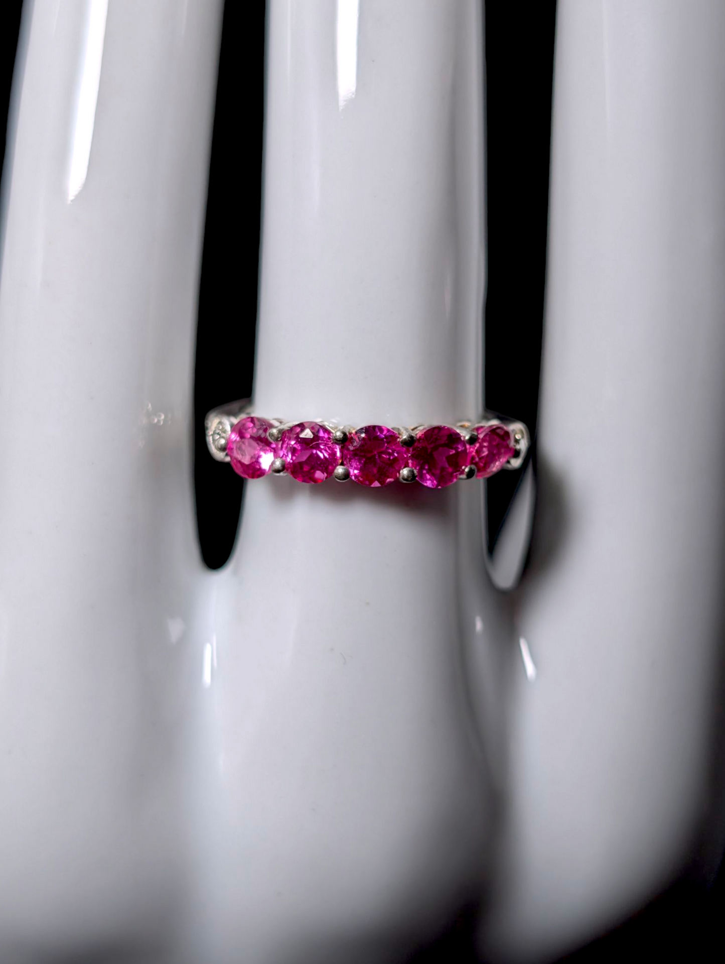 Vintage Round Cut Five Stone Genuine Hot Pink Sapphire Sterling Silver Stackable Ring Band