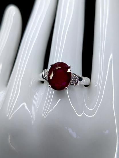 Vintage Large Oval Cut 5 Carat Genuine Ruby Solitaire and Genuine White Topaz Sterling Silver Ring