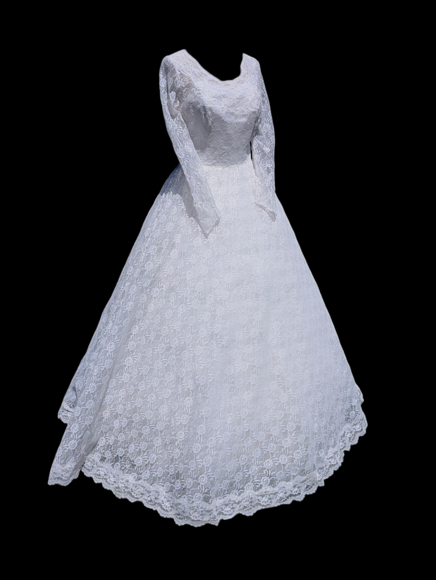 1950s Bright White Ruffled Tiered Wedding Dress with Cupid Lace, Long Sleeves, And Removable Train