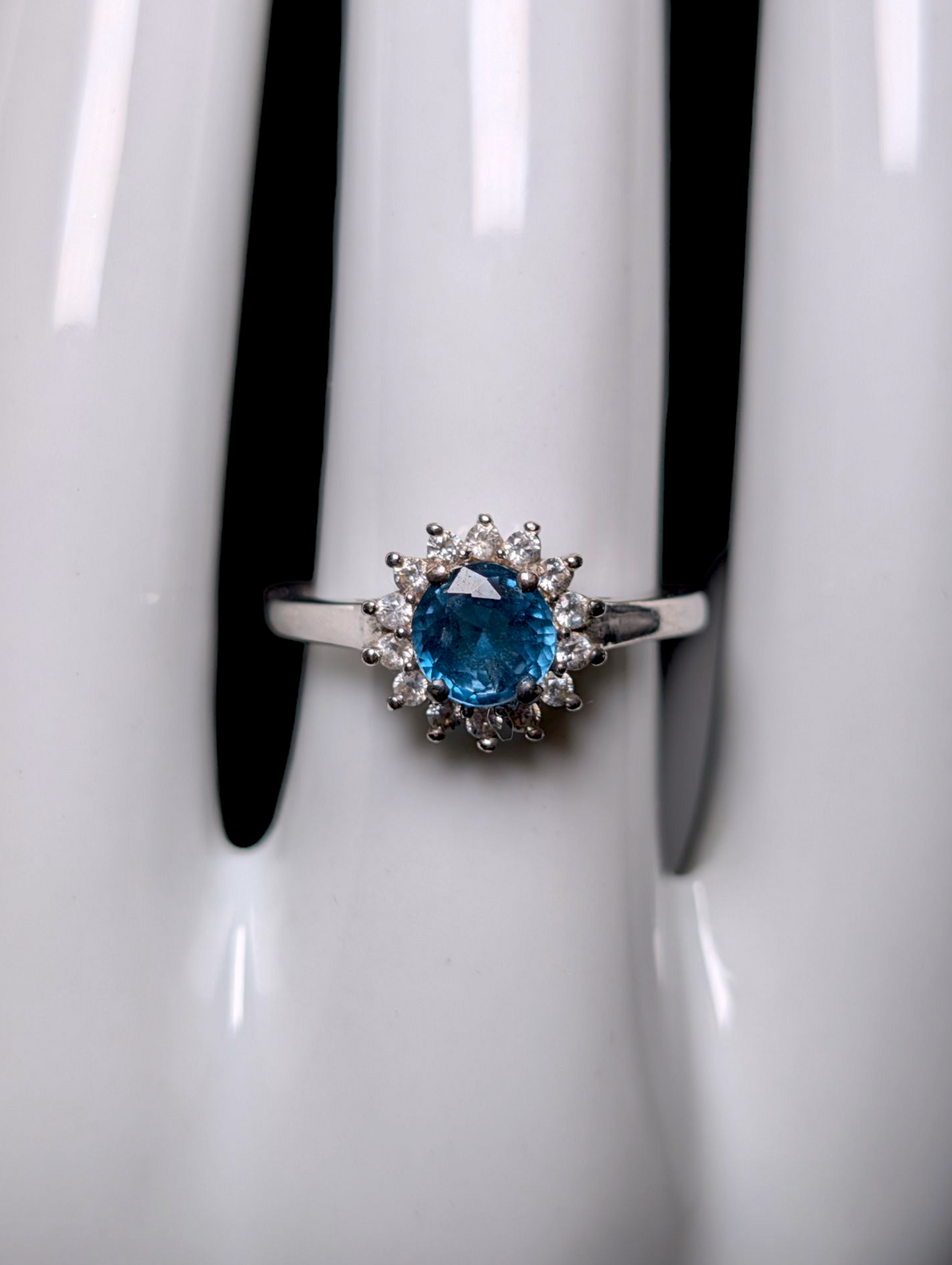 Vintage Dainty Round Cut Genuine Blue Topaz Solitaire with White Zircon Halo Sterling Silver Ring