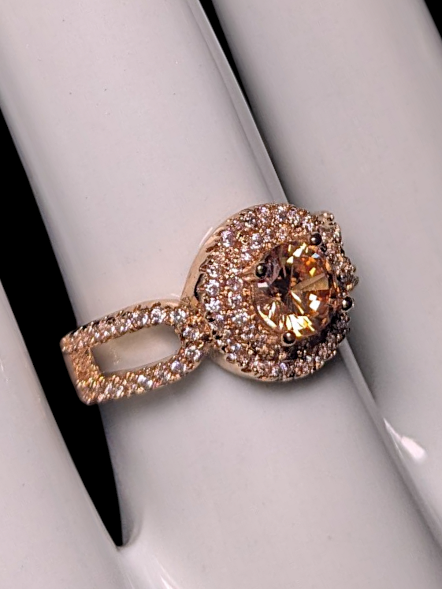 Vintage Inspired Round Cut Simulated Citrine Solitaire with Simulated Diamond Double Halo Gold Toned Ring