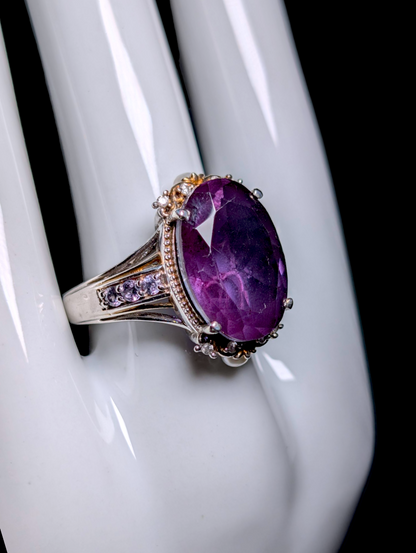 Vintage 12+ Carat Prong Set Oval Genuine Grape Amethyst Solitaire with White Zircon and Cultured Pearl Accent 18k Yellow Gold and Sterling Silver Ring