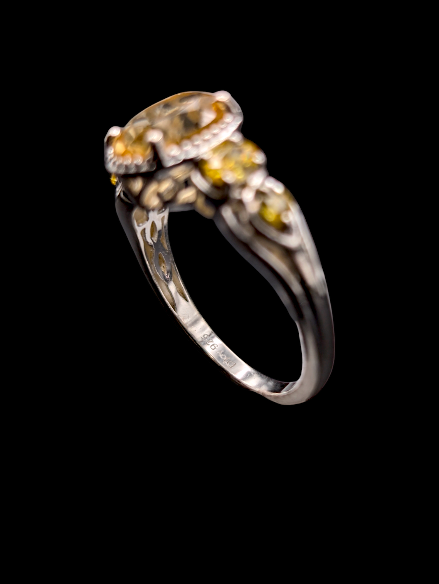 Vintage D'Joy Earth Mined Brazilian Genuine Citrine and Yellow Simulated Diamond Designer Cut Citrine Sterling Silver Ring