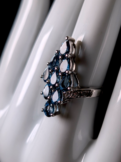 Vintage 4.5 Carat Waterfall Cluster Pear Cut Genuine London Blue Topaz and White Topaz Sterling Silver Ring