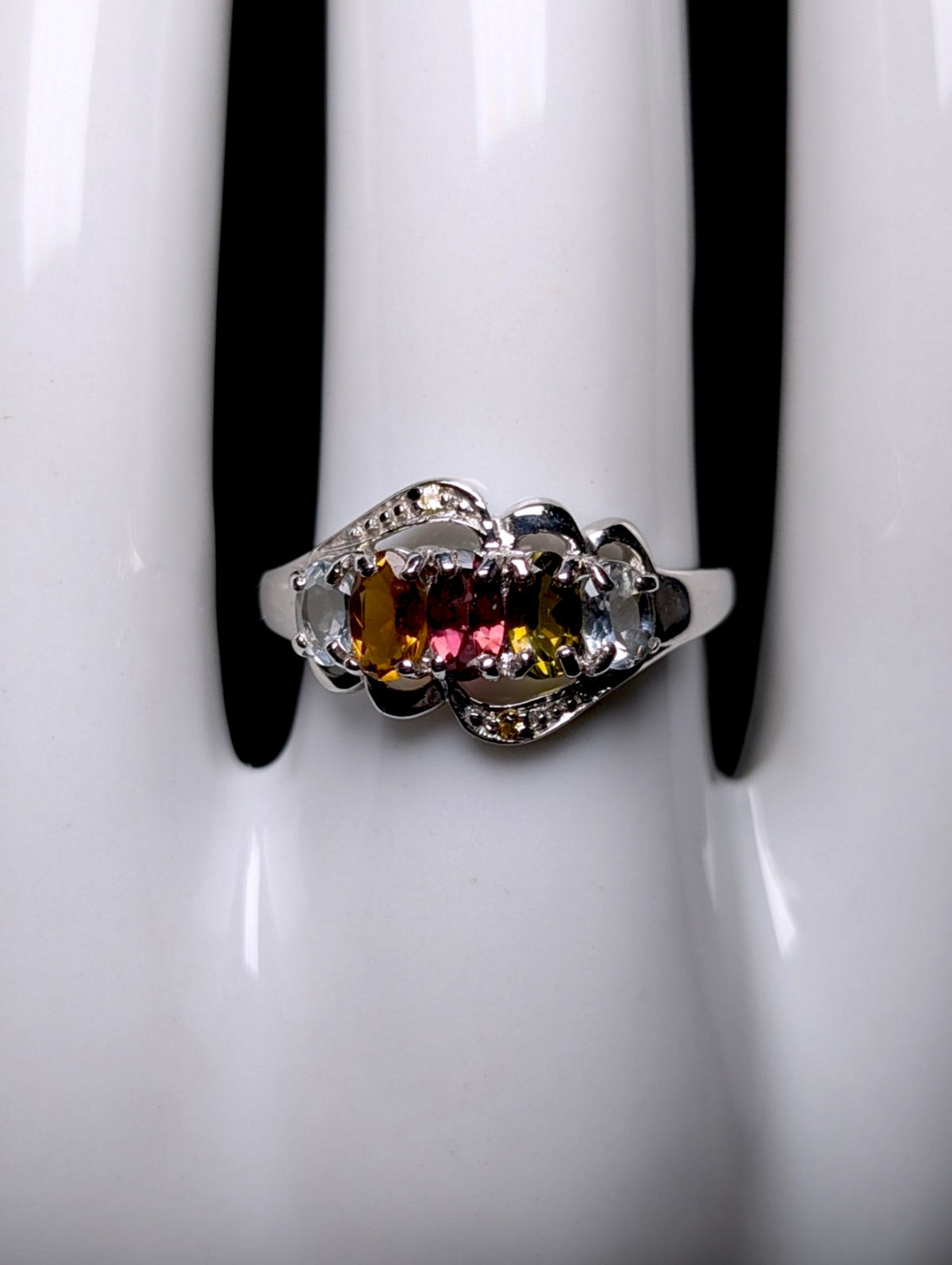 Vintage Genuine Gemstone Fruit Cocktail Sterling Silver Band Ring