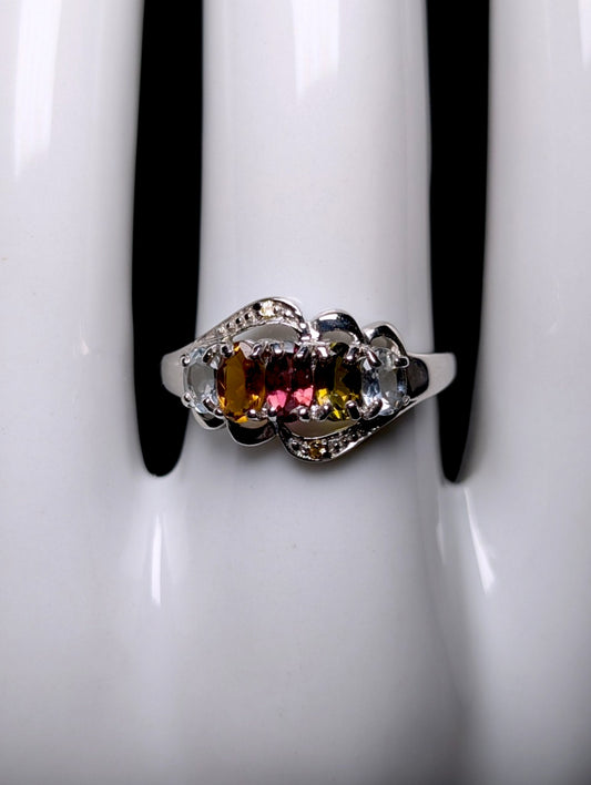 Vintage Genuine Gemstone Fruit Cocktail Sterling Silver Band Ring