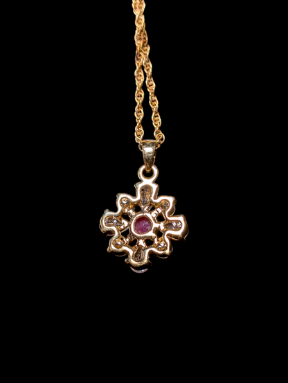 Vintage Earth Mined Genuine Ruby and Simulated Diamond Pendant and Gold Tone Chain Necklace