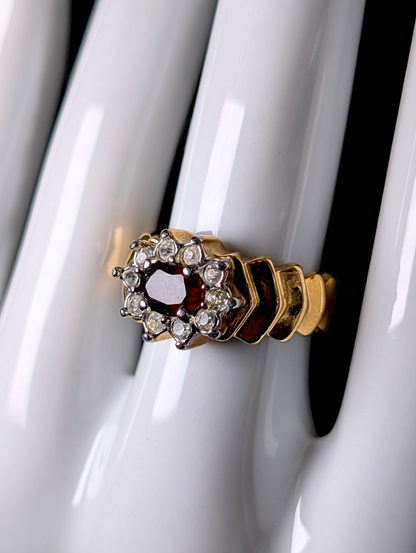 Vintage Genuine Red Garnet Solitaire with Simulated Diamond Halo Gold Toned Statement Ring