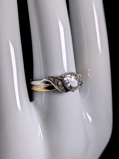 Vintage Pear Cut Genuine White Topaz Solitaire Sterling Silver and 8k Gold Ring