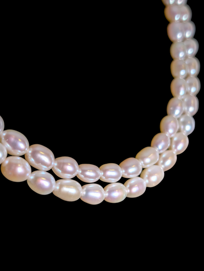 Vintage Hand Knotted Genuine Freshwater Oval Pearl Double Strand Sterling Silver Lobster Clasp Necklace