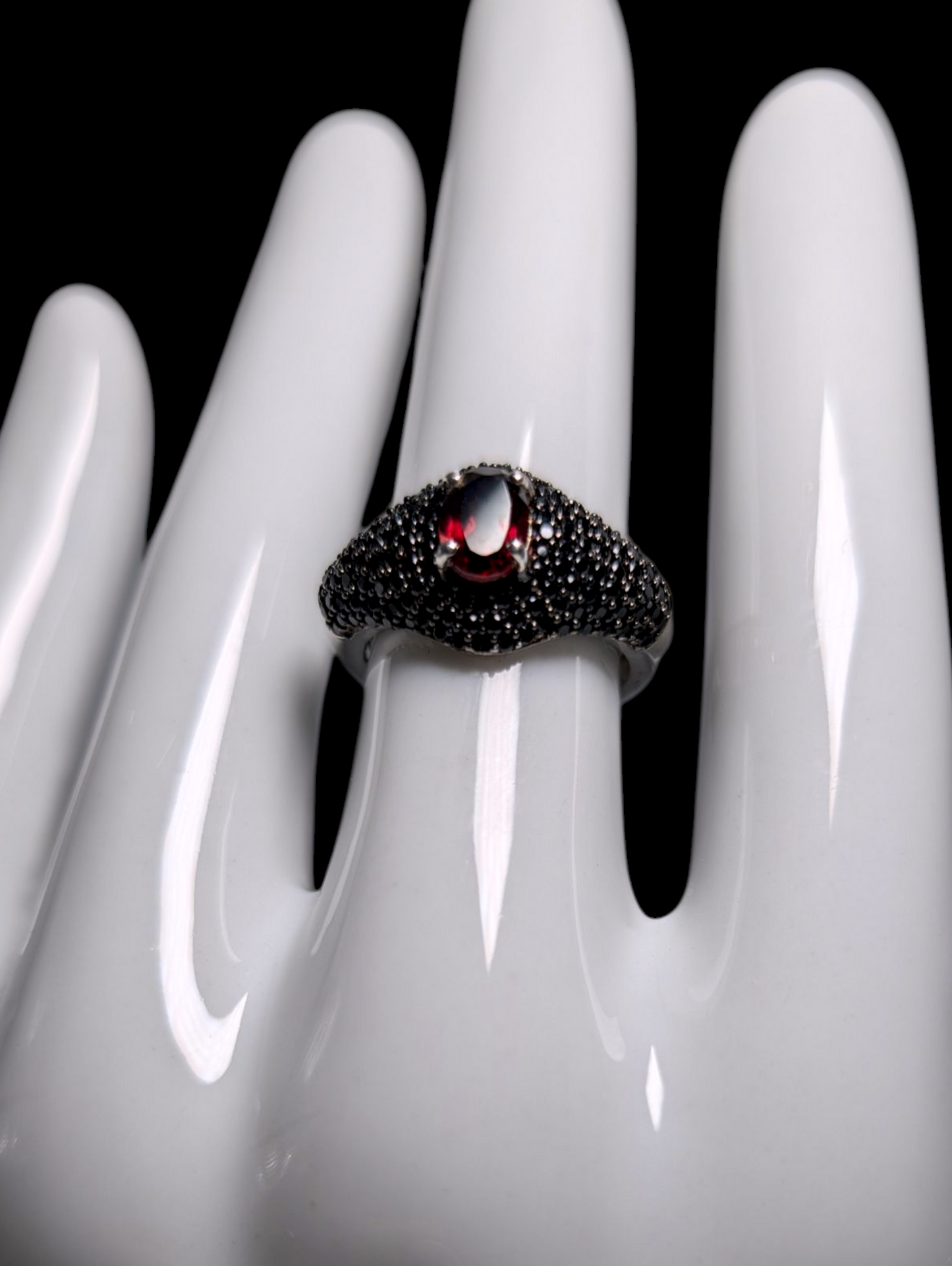 Vintage Oval Cut Earth Mined Genuine Spessartite Garnet Solitaire with Black Onyx Cluster Accents Sterling Silver Ring