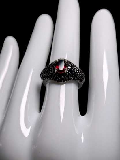 Vintage Oval Cut Earth Mined Genuine Spessartite Garnet Solitaire with Black Onyx Cluster Accents Sterling Silver Ring