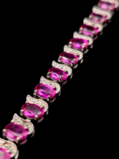 Vintage Inspired Genuine Pink Ruby 925 Sterling Silver Tennis Bracelet