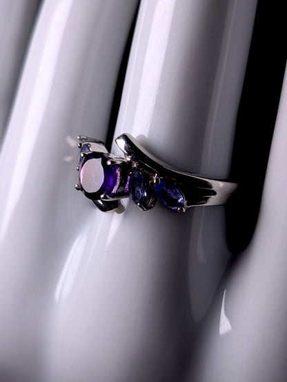 Vintage Genuine Tanzanite and Amethyst Cross Over Sterling Silver Ring