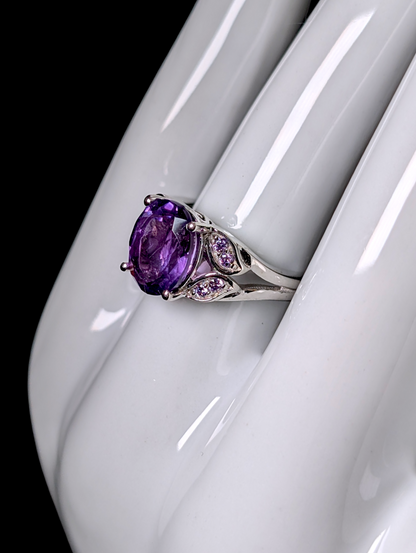 Vintage Ethereal Oval Cut Genuine Purple Amethyst Solitaire Sterling Silver Ring