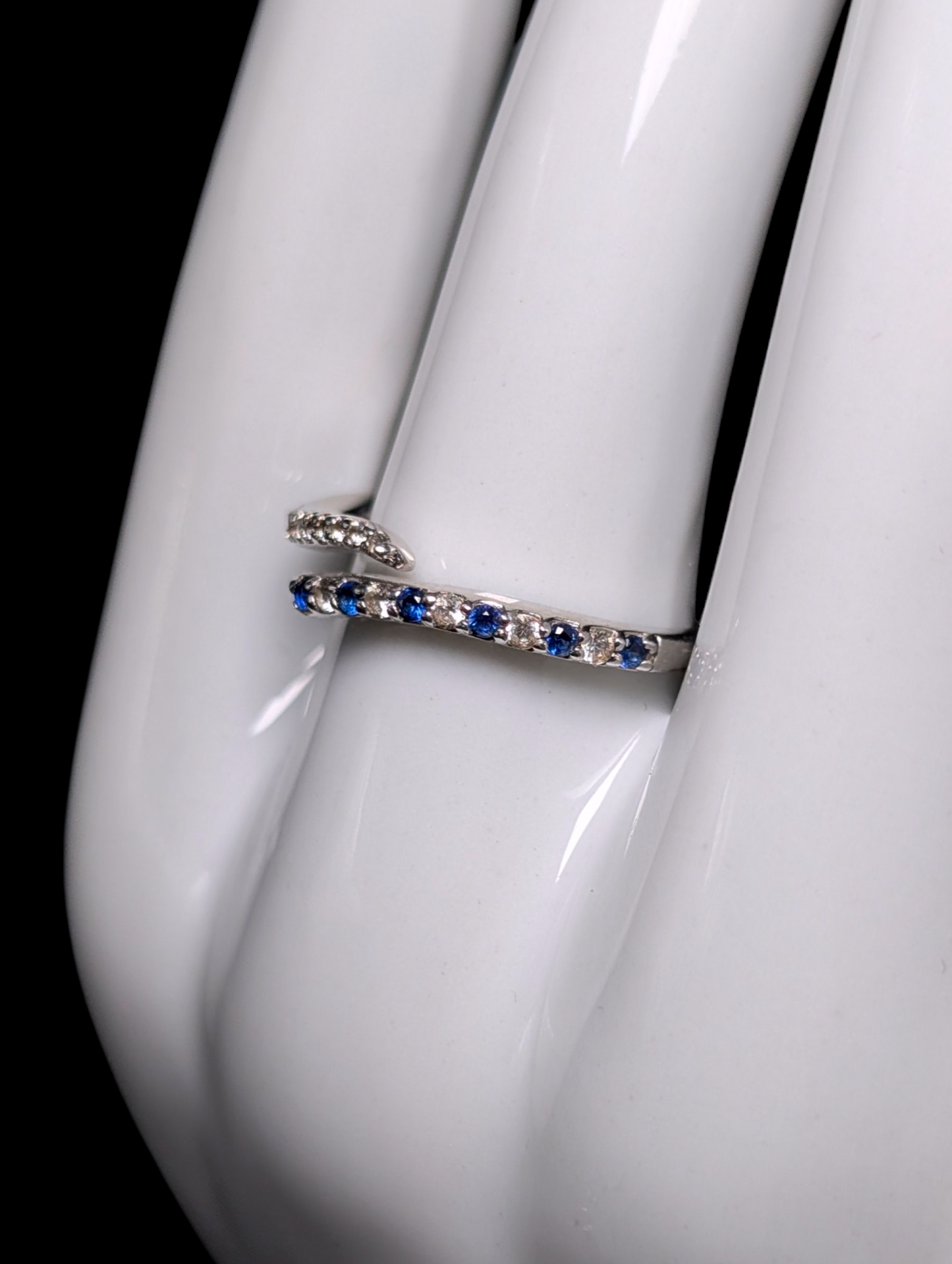 Vintage Round Cut Genuine Blue and White Sapphire Bypass Stackable Sterling Silver Ring
