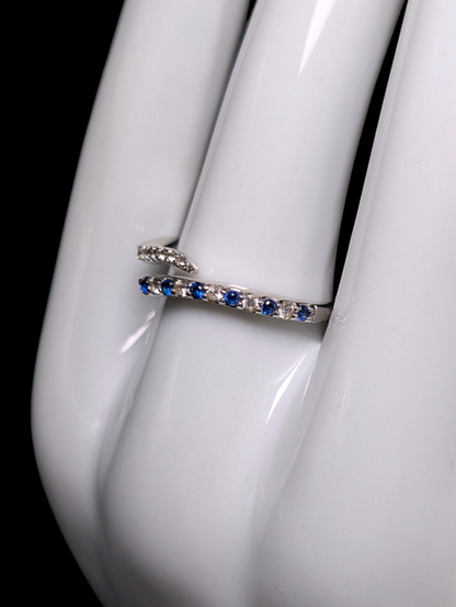 Vintage Round Cut Genuine Blue and White Sapphire Bypass Stackable Sterling Silver Ring