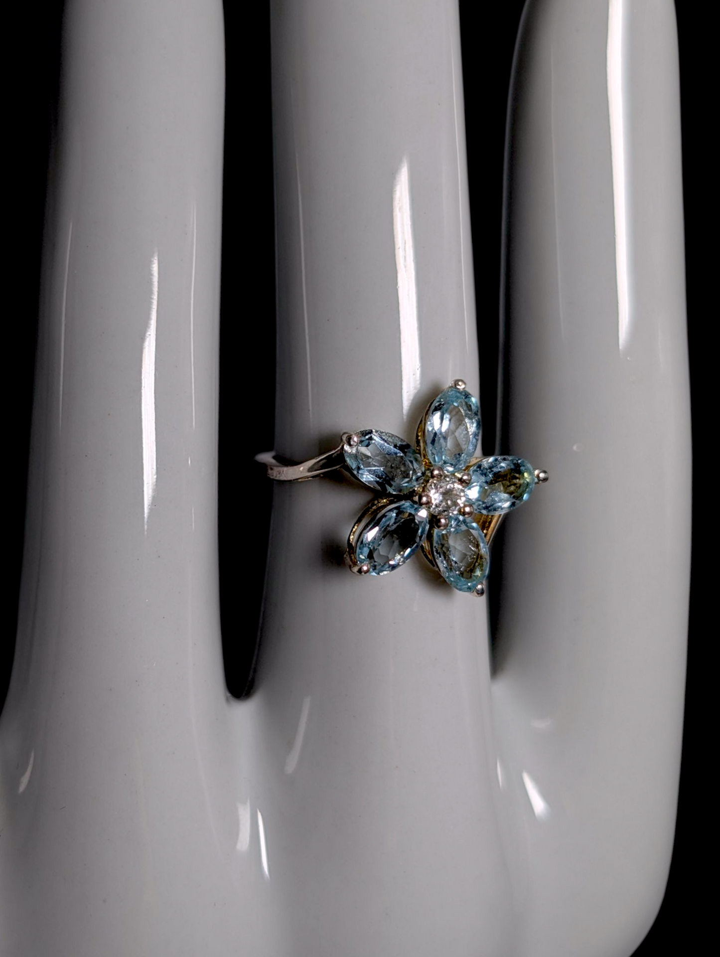 Vintage Flower Design Genuine Sky Blue and White Topaz Dainty Sterling Silver Ring