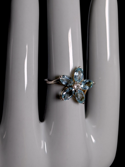Vintage Flower Design Genuine Sky Blue and White Topaz Dainty Sterling Silver Ring