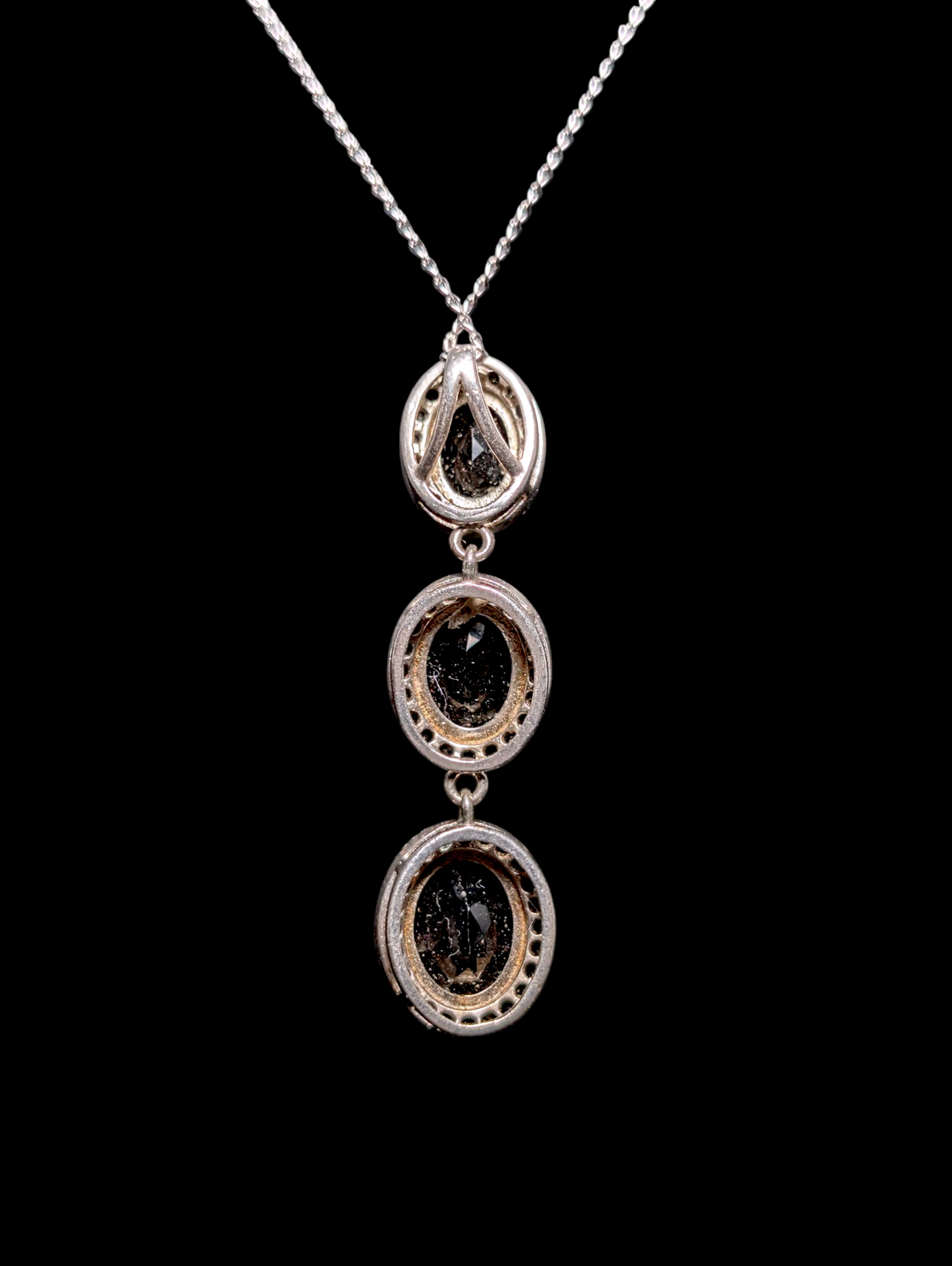 Vintage Three Stone Dangle Genuine Black Onyx with Halo Sterling Silver Pendant