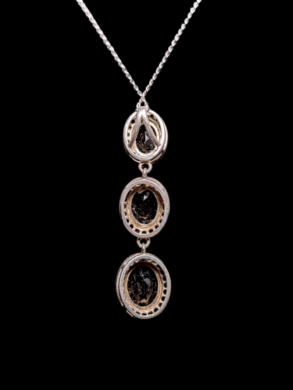 Vintage Three Stone Dangle Genuine Black Onyx with Halo Sterling Silver Pendant