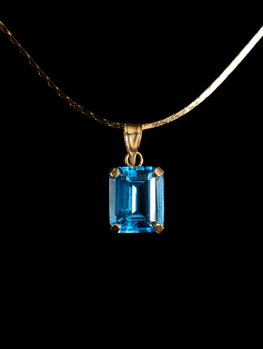 Vintage Imperial Gold Co. Emerald Cut Genuine Swiss Blue Topaz 14k Solid Yellow Gold Pendant
