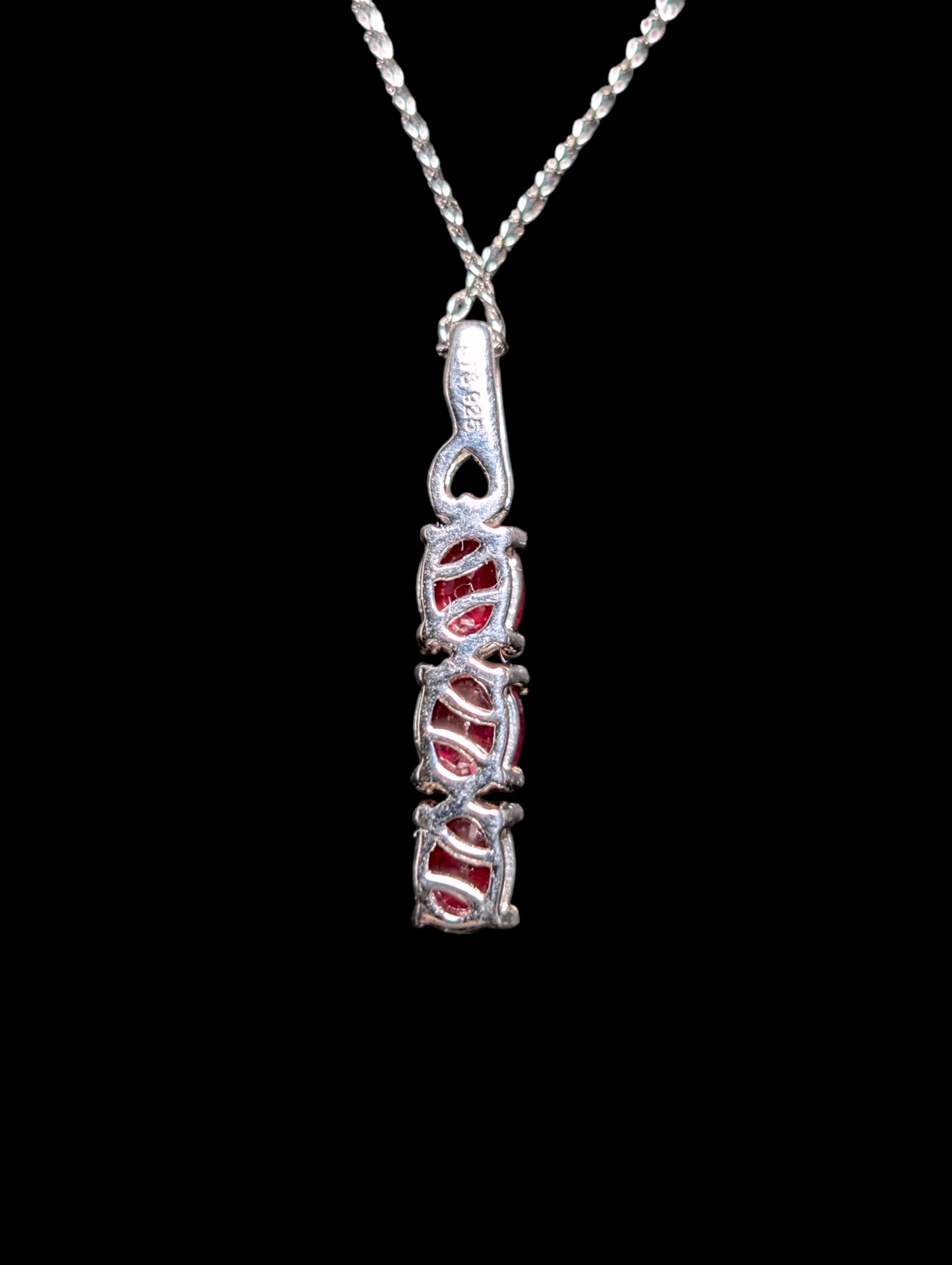 Vintage Oval Cut Three Stone Genuine Ruby Sterling Silver Dangle Pendant