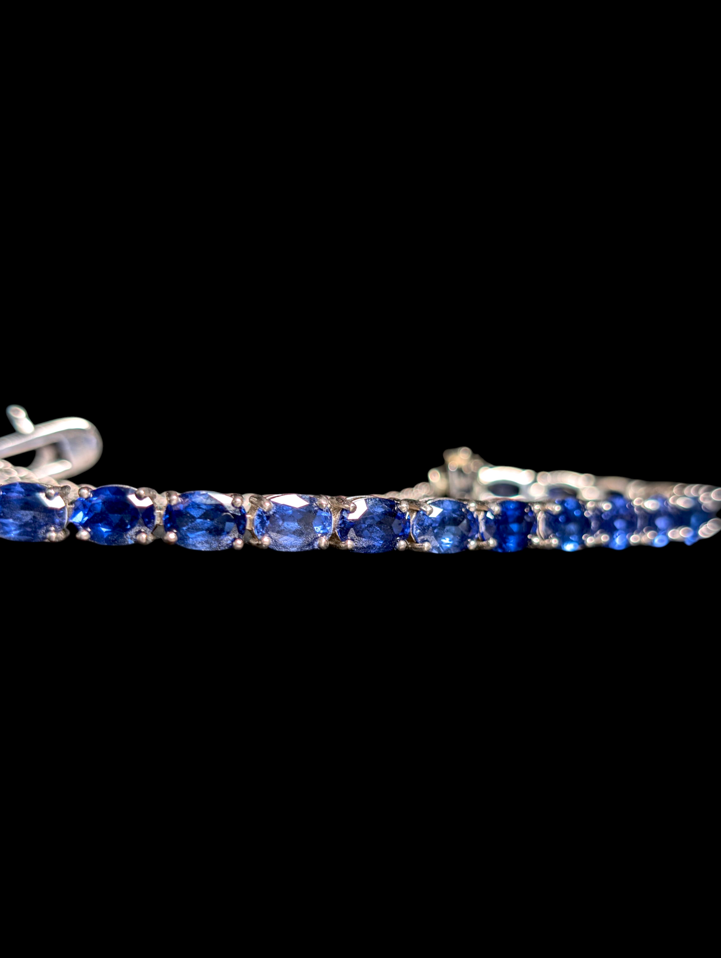 Vintage Inspired 18+ Carat Oval Cut Genuine Sapphire Sterling Silver Tennis Bracelet with 14k White Gold Safety Chain
